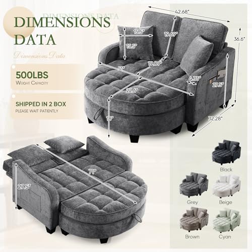 Oversized Chenille Chaise Lounge Chair with Storage Ottoman & Sleeper Bed
