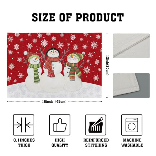 Snowman Placemats Set of 4 - Red Xmas Snowflakes Linen Table Mats 12x18 Inch - Holiday Kitchen Decor
