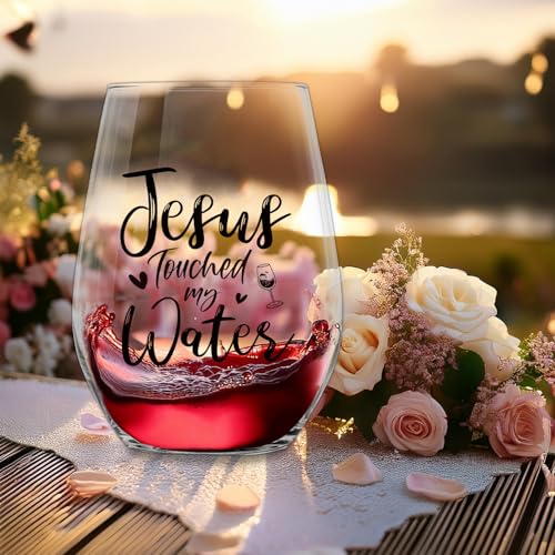 Socive Clear Jesus Touched Water Wine Glasses - Inspirational Gift for Women, Mom, Birthday & Special Occasions, 15oz
