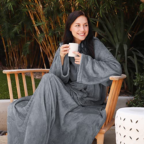 Wearable Blanket with Sleeves, Fleece Throw Wrap for Lounging and Reading