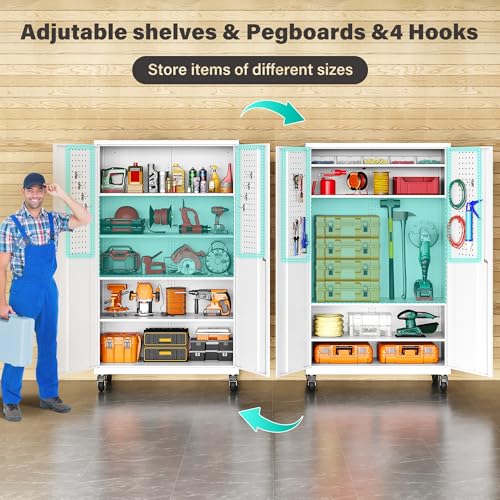 Tall Rolling Metal Storage Cabinet with Lock & Pegboard, 71" Garage Locker