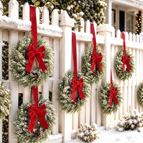 6-Piece Mini Christmas Wreaths with Red Ribbons for Kitchen Cabinets