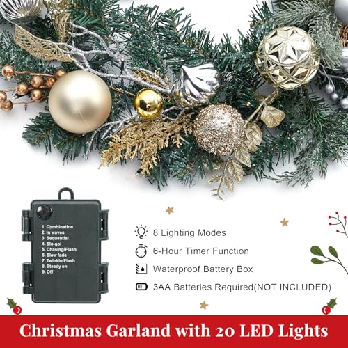 FairyLee 6ft Gold Battery-Operated Christmas Garland with 20 LED Lights & Timer