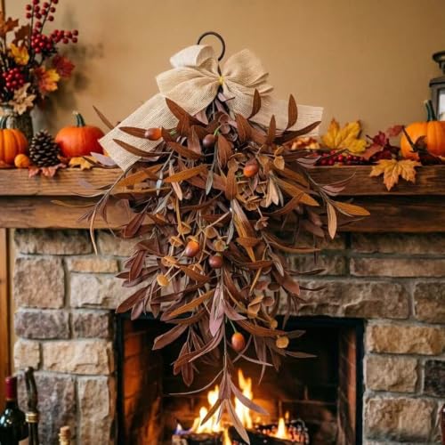 24 Inch Artificial Fall Olive Swag Teardrop Wreath with Bow for Front Door