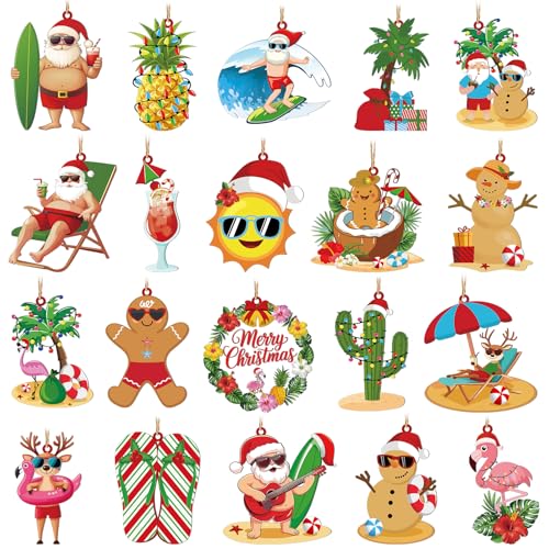 MorningRo Fresh 20 Pcs Tropical Christmas in July Metal Tree Ornaments - Beach Santa Flamingos Coconut Decor