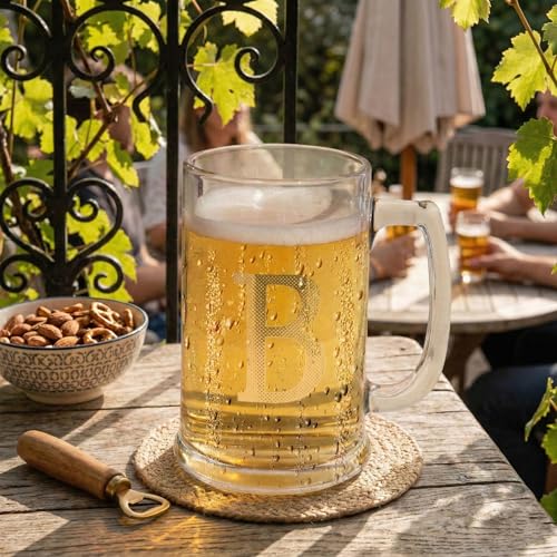 Personalized 14oz Beer Mug with Gold Monogram - Etched Glass Beer Stein