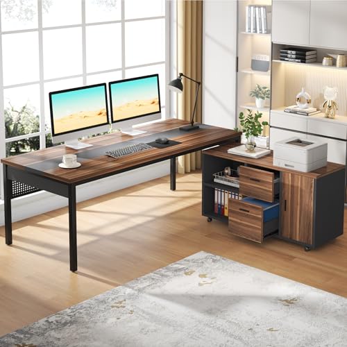 71-Inch L-Shaped Executive Desk with Mobile File Cabinet and Storage