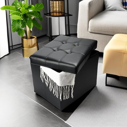 Folding Faux Leather Storage Ottoman - Padded Footstool Bench (17x13 In)