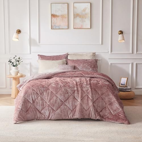 Intelligent Design King Comforter Set, Velvet Comforter Set , Luxury Diamond Quilting Comforter Set, Fluffy Comforter Bed Set with Decorative Pillowand 2 Shams, 4 Piece Pink, King/ Cal King