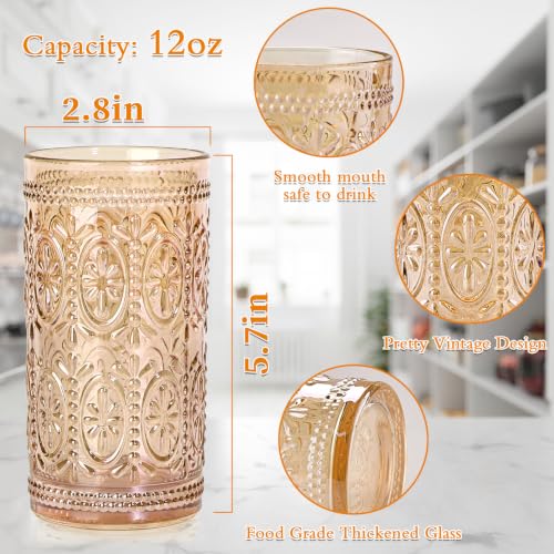Darlion Amber 12oz Vintage Highball Glasses Set of 6 - Retro Crystal Clear Drinkware