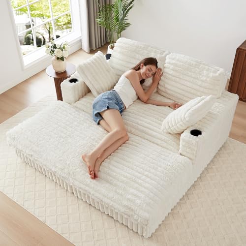 Oversized Faux Fur Chaise Lounge with Charging Station and Cup Holders