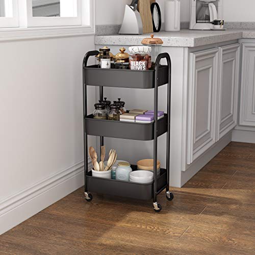 3-Tier Rolling Utility Cart with Wheels, Mesh Metal Storage Trolley, Black