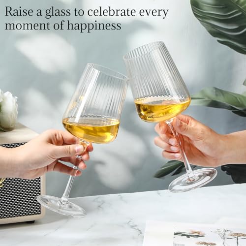 Qinyoung Set of 6 Modern Crystal Ribbed Wine Glasses 17oz for Red White Champagne