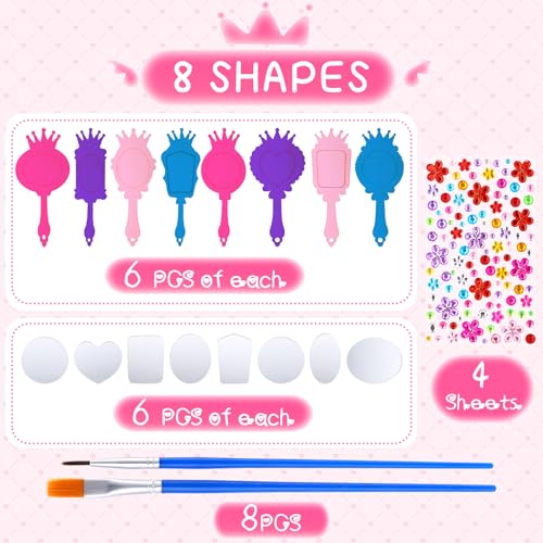 48-Pack DIY Wooden Hand Mirror Craft Kit for Kids Princess Party Favors