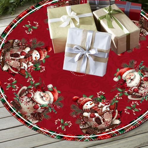 RABUSOFA 48-Inch Christmas Tree Skirt Snowman Santa Decoration (Red) for Home