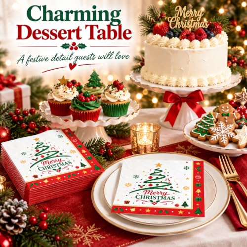 Christmas Tree Party Napkins - 50 Pack, 6.5 Inch Holiday Cocktail Paper Napkins