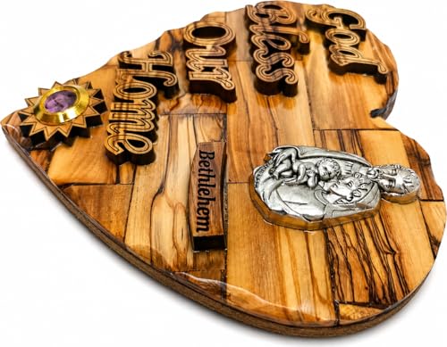 Olive Wood Holy Family Heart Plaque – Bethlehem Carved Wall Decor with Pewter Medallion & Frankincense Capsule