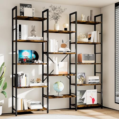 5-Tier Triple Column Industrial Bookshelf, Wide Open Display Bookcase