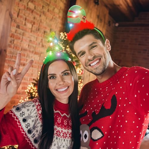 HOVACY 3 Pcs Light Up Christmas Headbands - Tree, Santa Hat & Elf Headwear, Flashing LED Holiday Headpieces