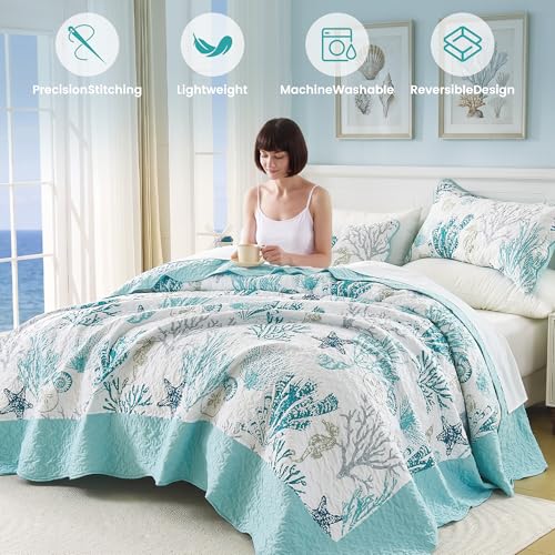 Qucover Oversized California King Coastal Quilt Set - 118"x106" Bedspread