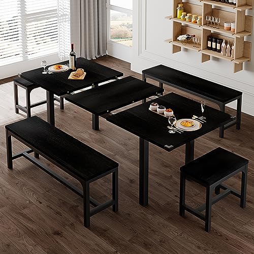 5-Piece Extendable Dining Table Set for 4-8, 63" Table with Benches