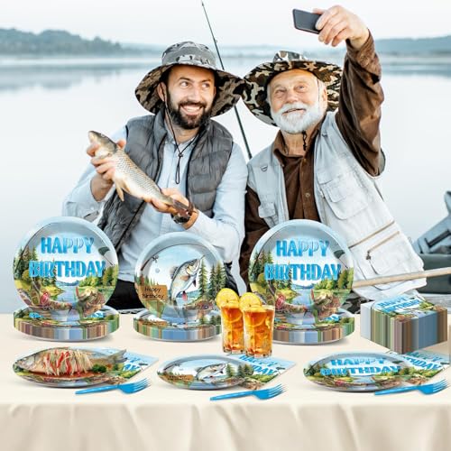 CHUNNIN Fishing Birthday Party Plates Napkins Set for Kids & Teens - Tropical Fish Theme, 96 Pieces
