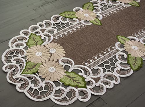 Gold Daisy Embroidered Table Runner 14x44 Inches Brown Floral Doily