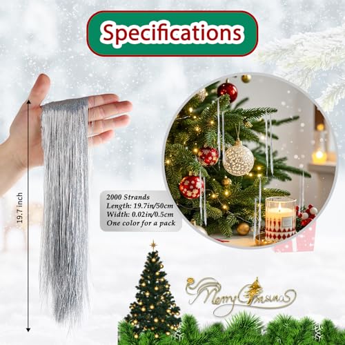 Silver Christmas Tinsel Icicles - 2000 Strands Iridescent Tree Decor, 19.7"
