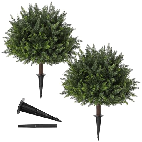 23.6-Inch Artificial Cedar Topiary Ball Trees - 2 Pack UV Resistant Shrubs