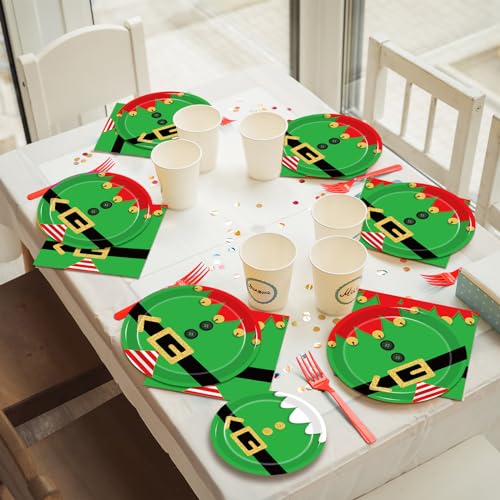 Elf Christmas Party Plates & Napkins Set (96Pcs) - Includes 24 Dinner Plates, 24 Dessert Plates, 24 Napkins & 24 Forks (Variation: Elf) - KEPEEL