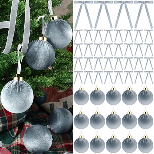 LIANGMIDA Gray Blue Velvet Christmas Decorations Set | 51 Pcs Holiday Ornaments & Bows