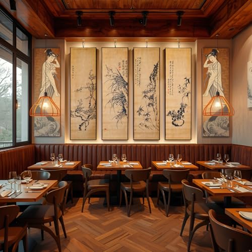 4-Panel Japanese Ink Wall Art Scroll - Shikunshi Four Seasons Zen Decor