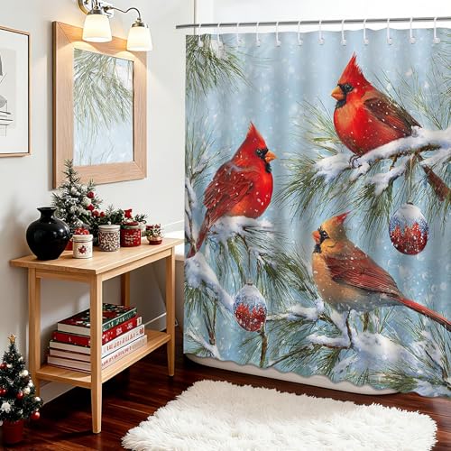 Christmas Red Bird Shower Curtain - Winter Robin & Cardinal Bathroom Decor, 72x72 Inches with Hooks