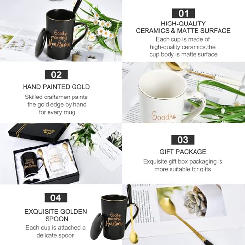YHRJWN Black & White Good Morning Beautiful & Handsome Mugs, His & Hers 14 Oz Coffee Set (2) Christmas