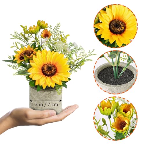 Artificial Sunflower Pot with Eucalyptus Leaves - 21 cm