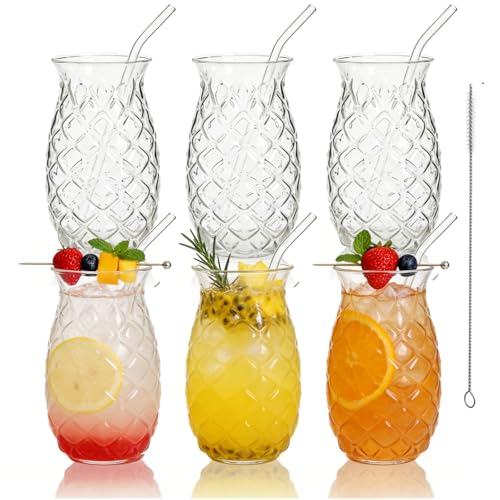 6-Pack Pineapple Drinking Glasses with Straws, 17 Oz Embossed Glassware