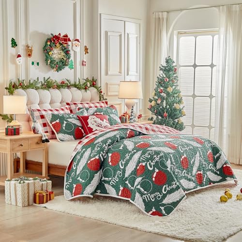 UOZZI Bedding King Size Reversible Christmas Quilt Set Green Red Feathers Plaid 101x88