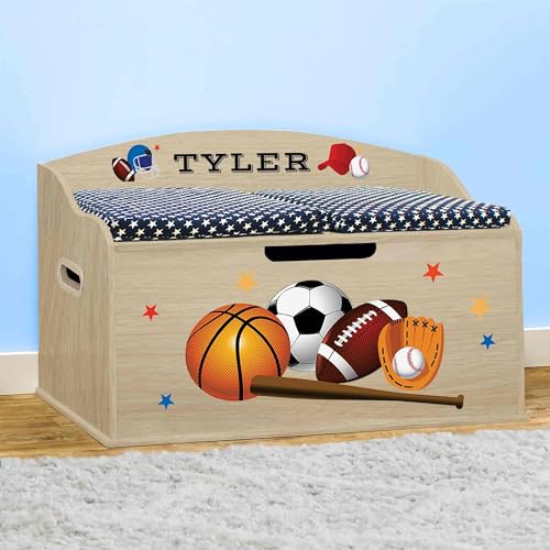 Personalized Sports Toy Box with Soft-Close Lid, 30-Inch Wooden Chest