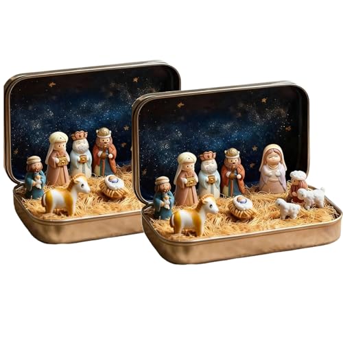 Handcrafted Mini Christmas Nativity Set in Tin Box - Pocket Size Figures