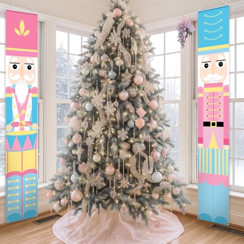 Pink Pastel Nutcracker Christmas Porch Banners - 12x71 Inch Front Door Sign Set