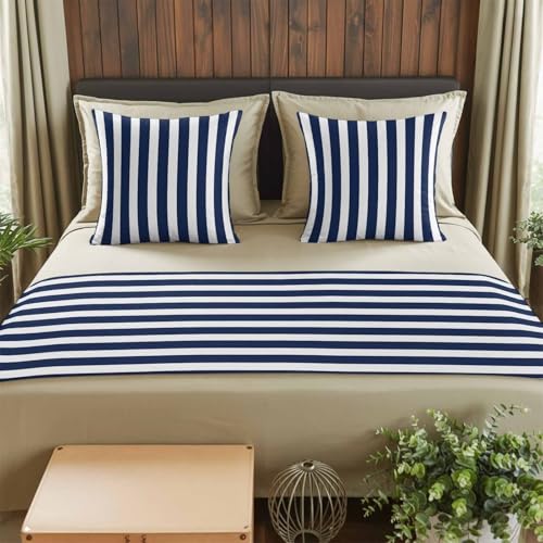 DecorLovee Navy Blue Striped Bed Runners for King Size with 2
