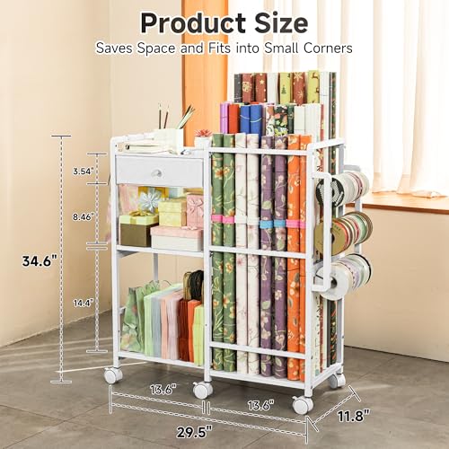 Rolling Gift Wrap Station & Wrapping Paper Storage Cart with 9 Rods