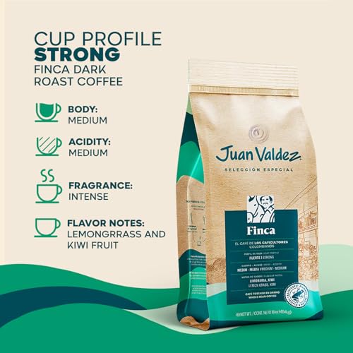 Juan Valdez Finca Whole Bean Coffee - Dark Roast | 16 oz / 454 gr | 100% Colombian Coffee - Rainforest Certified | With Lemongrass & Kiwi Notes