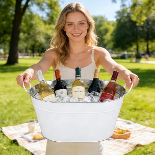 White Galvanized Beverage Tub 3 Gallon Ice Bucket with Handles for Drinks & Parties - SENCOS