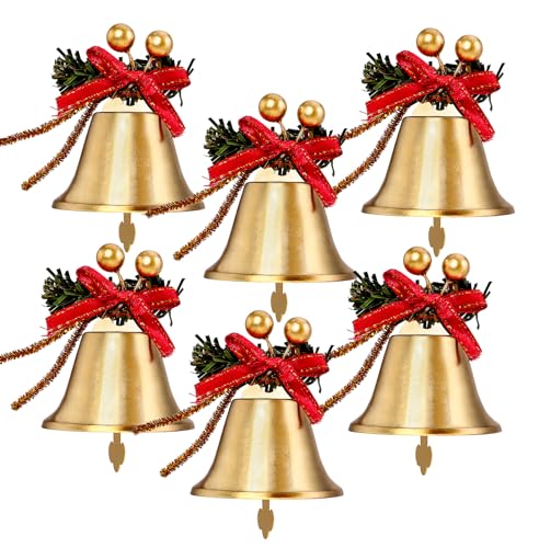 6-Piece Gold Christmas Jingle Bell Ornaments with Red Bows and Berries