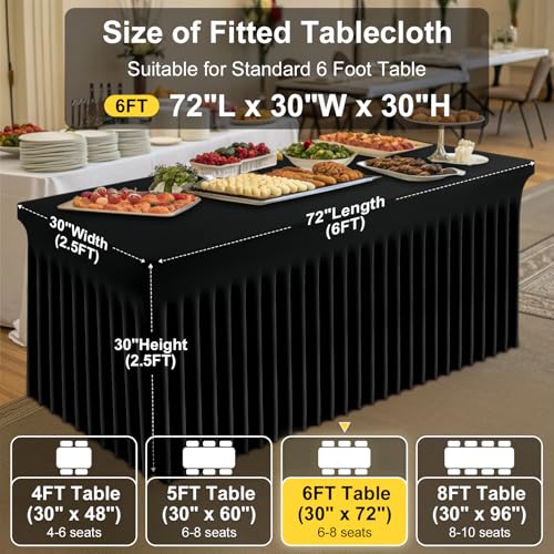 6ft Fitted Stretch Spandex Tablecloth with Ruffled Skirt - Black (72x30x30)