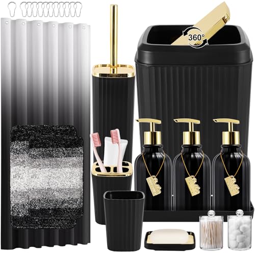 32-Piece Black Bathroom Accessory Set with Shower Curtain, Rugs & Trash Can
