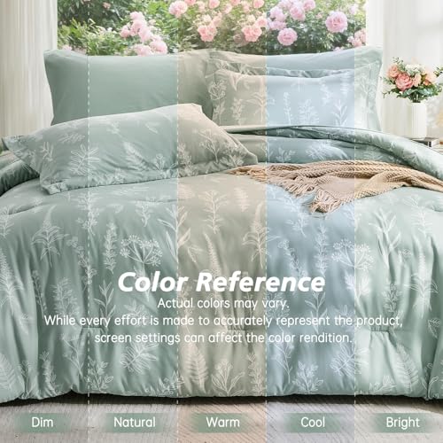7-Piece Queen Comforter Set Sage Green Botanical Floral Bed in a Bag