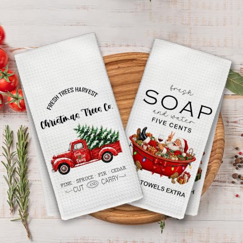 Christmas / 2 Red Truck Bathroom Towels Set - 16x24 Inches, Decorative Hand Towels