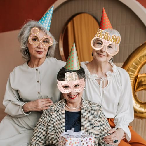 80th Birthday Paper Eyeglasses Photo Booth Props - 24 Pack Rose Gold
